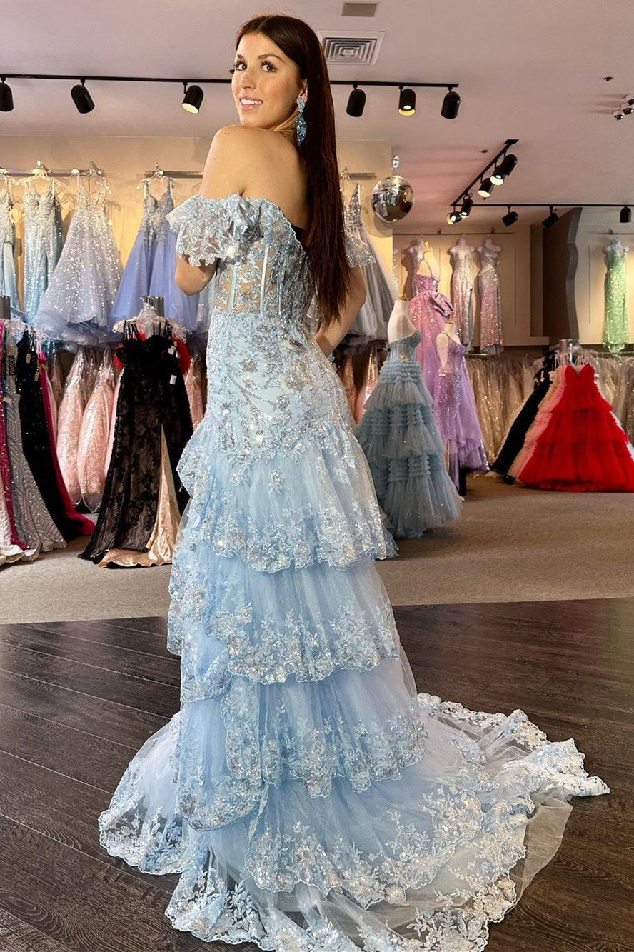 Red Sequin-Embroidery Off-the-Shoulder Tiered Long Prom Dress with Slit