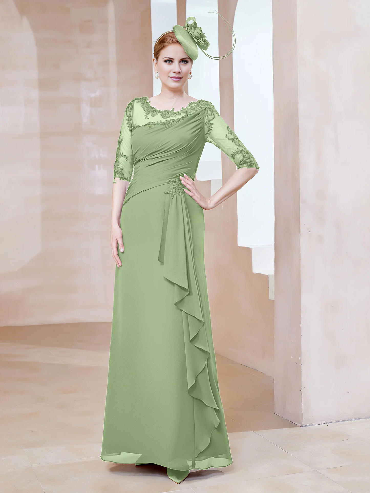 Low round lace neckline with ruffled edges, tight fitting mother of the bride dress