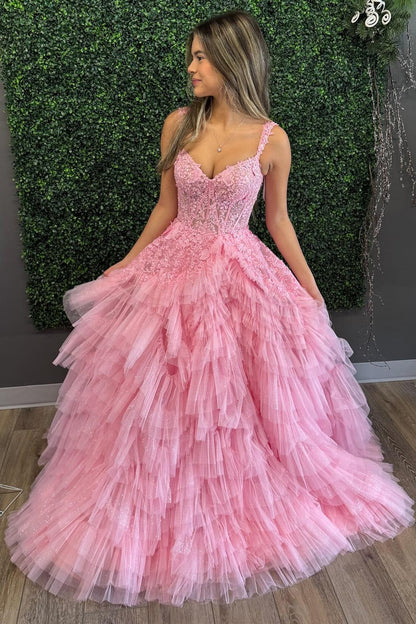 Light Blue Appliques Off-the-Shoulder Ruffle Tiered Long Prom Dress