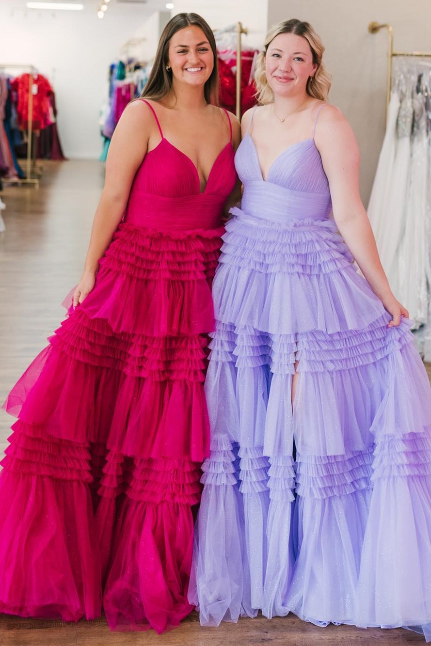 Black Tulle Multi-Tiered V-Neck Long Prom Dress