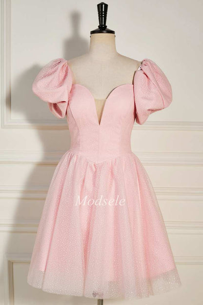 Pink Strapless A-Line Short Party Dress with Puff Sleeves