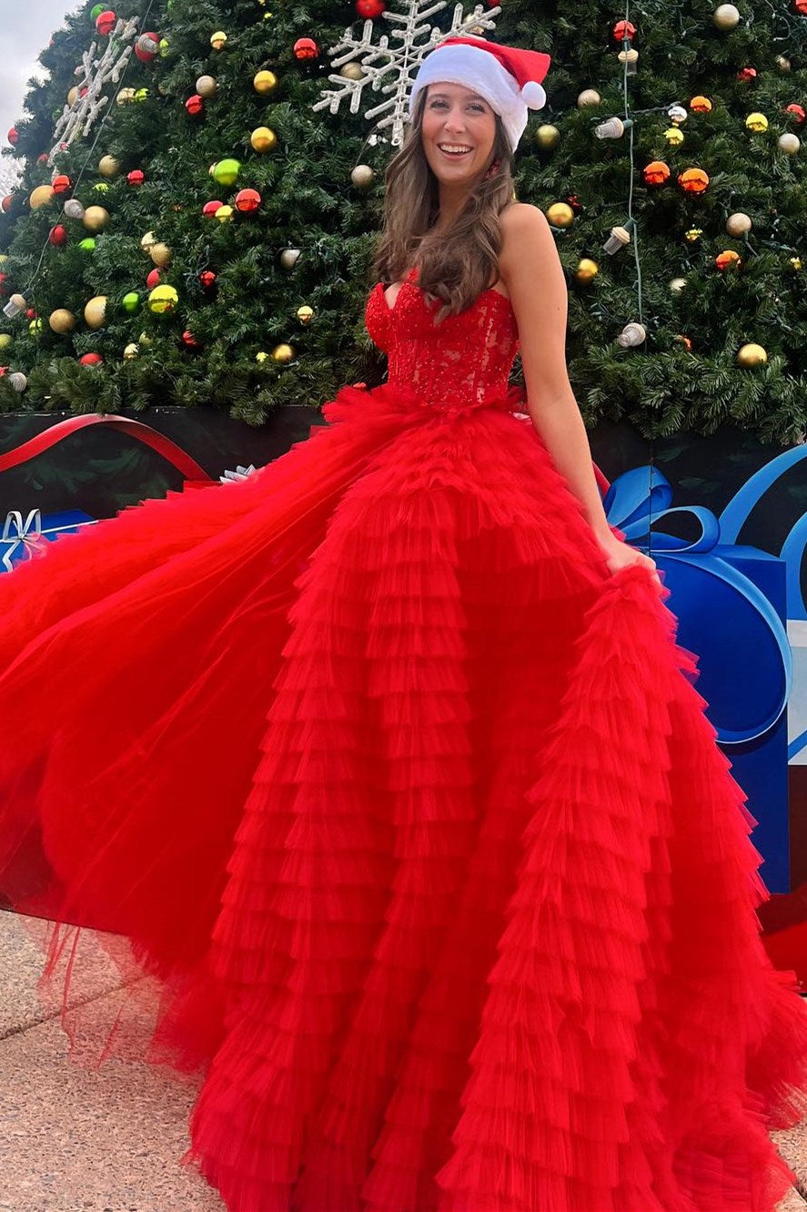Yellow Appliques Sweetheart Ruffle Tiered A-Line Prom Dress