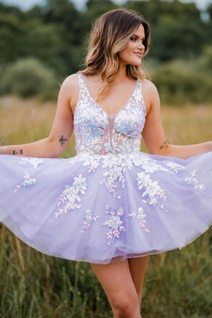 Green Sequin Lace Plunge V Backless A-Line Short Gown