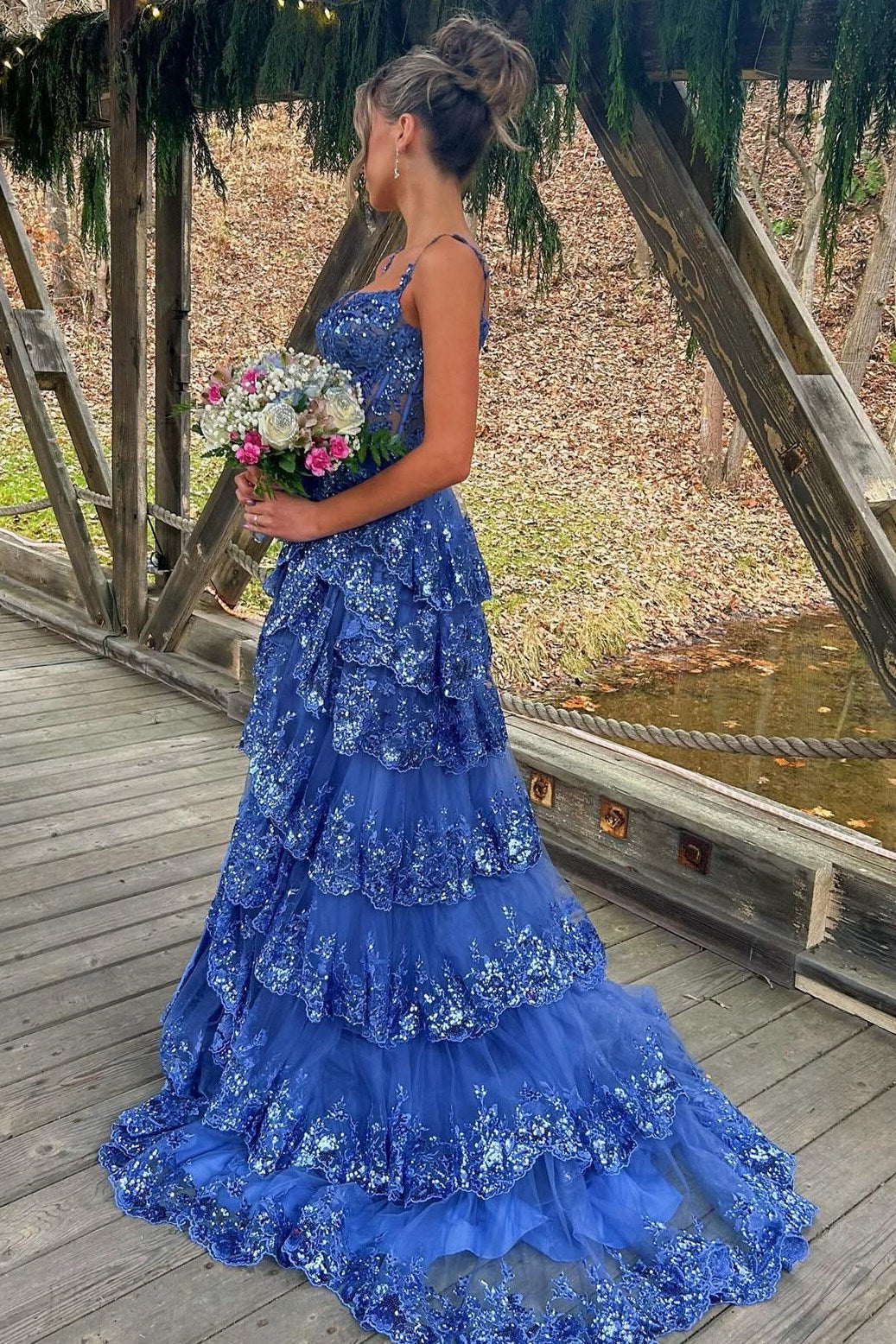Black Tulle Sequin Tiered Long Gown with Spaghetti Straps
