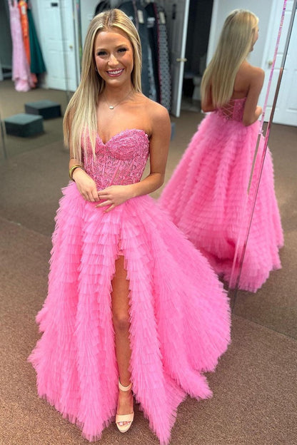 Yellow Appliques Sweetheart Ruffle Tiered A-Line Prom Dress