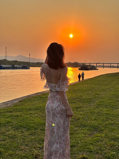New Fashion Pink Floral Design Beach Holiday Long A-line Strapless Dress HZ1024