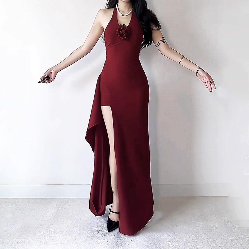 Retro Burgundy/Black Halter-neck 3D Flower Sheath High Slit Long Summer Dresses Prom Dress Evening Dress HZ1024
