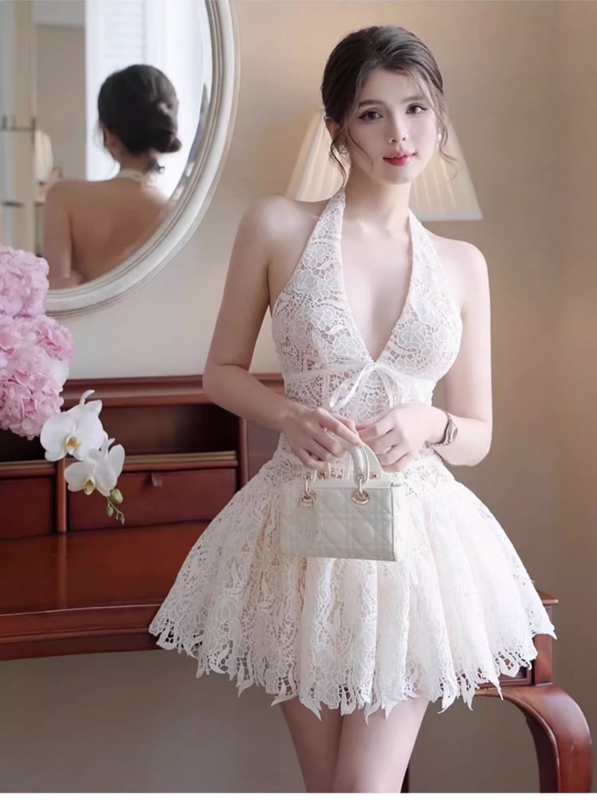 Vintage White V-neck Halter Dress Design A-line Lace Party Dress Homecoming Dress HZ1024