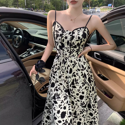 New Fashion Stylish Floral High-waisted Spaghetti Strap Dress HZ1024