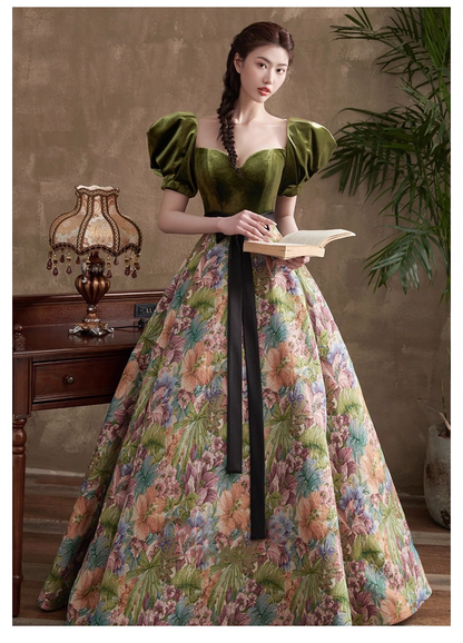Vintage Court Retro Style A-Line Evening Gown Sweetheart Puffy Sleeve Party Dress Long Formal Dress HZ1024