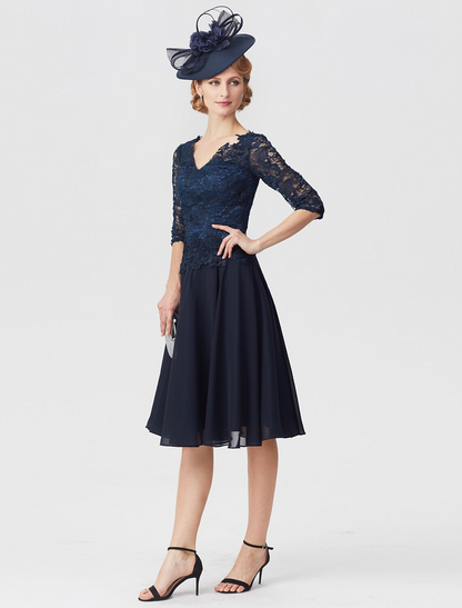 Mother of the Bride Dress Elegant V Neck Knee Length Chiffon Sheer Lace Half Sleeve with Lace