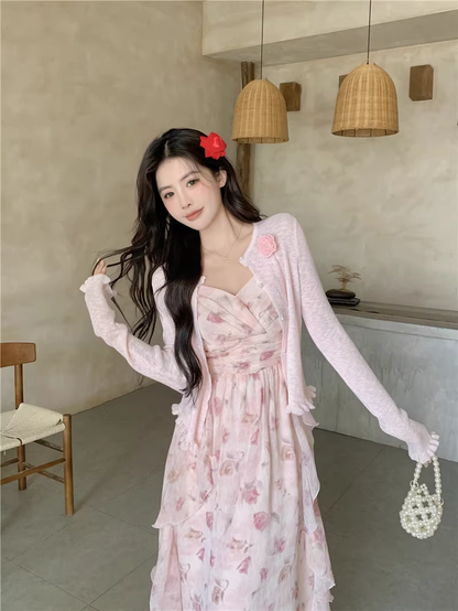 New Fashion Elegant Floral Chiffon Spaghetti Strap Dress HZ1024