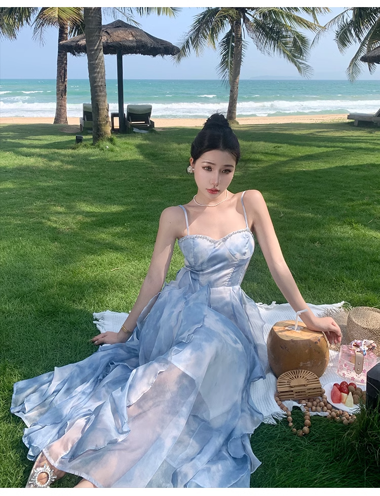 Simple Elegant Blue Floral Design Beach Holiday Spaghetti Strap Dress HZ1024