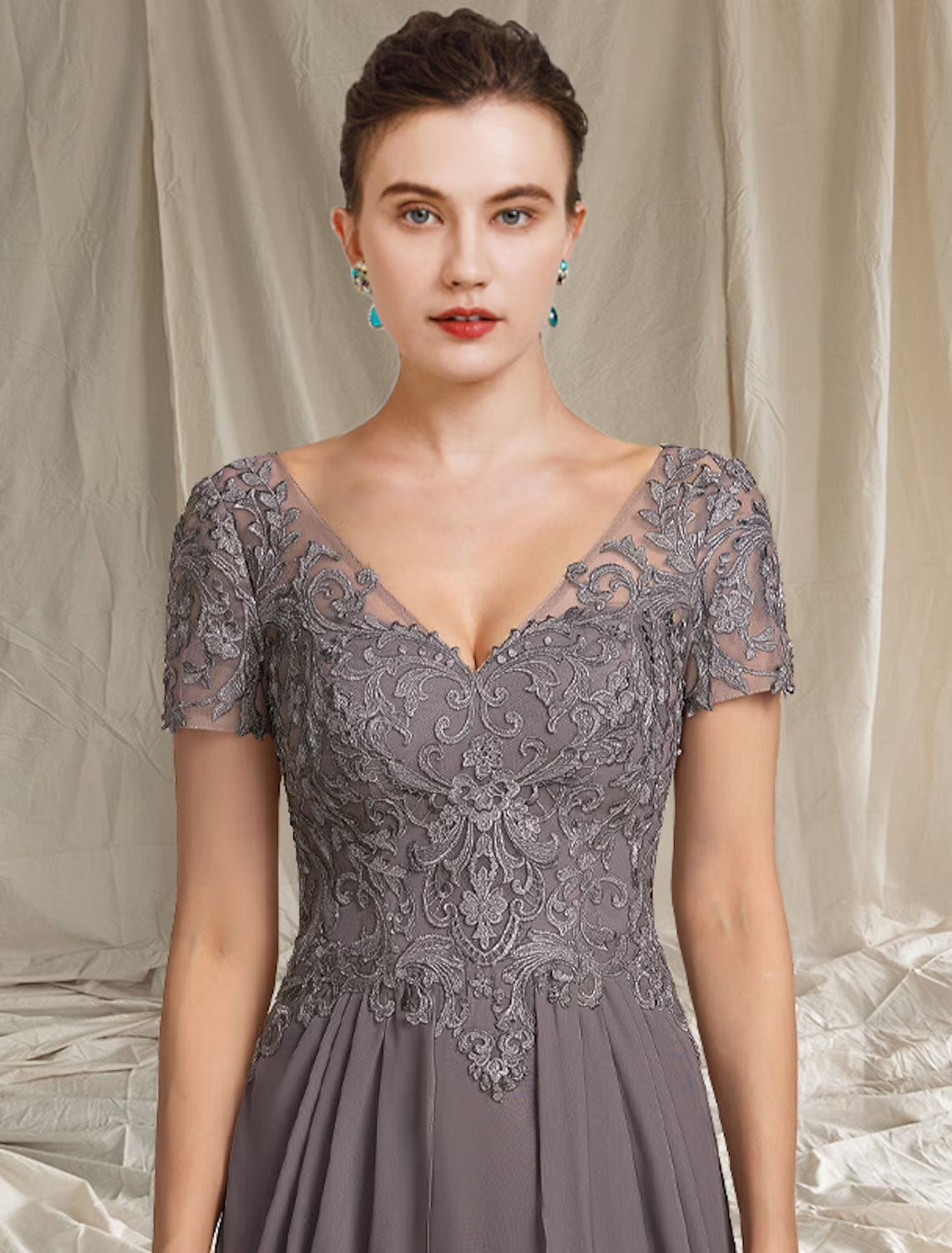 A-Line Mother of the Bride Dress Plus Size Elegant High Low V Neck Chiffon Lace Short Sleeve with Pleats Appliques