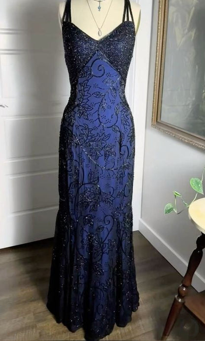 Navy Blue Shiny Elegant Exquisite Beaded Applique Straps Long Tulle Sequins Ball Gown Evening Dress Party Dress gh3189