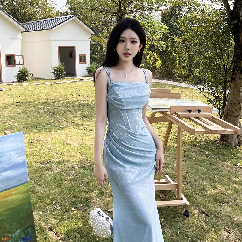 Vintage Shiny Light Blue Spaghetti Strap Mermaid Long Summer Dresses Prom Dress Evening Dress HZ1024