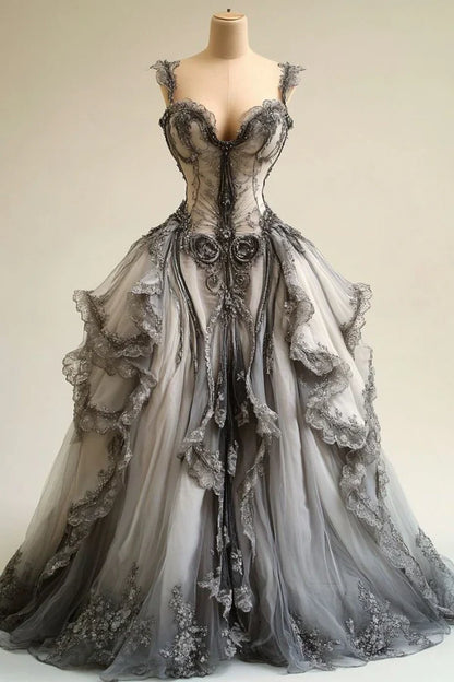 Off-White Vintage Delicate Lace A-Line V-Neck Tulle Long Floor-Length Ball Gown Evening Gown Wedding Dress gh3597