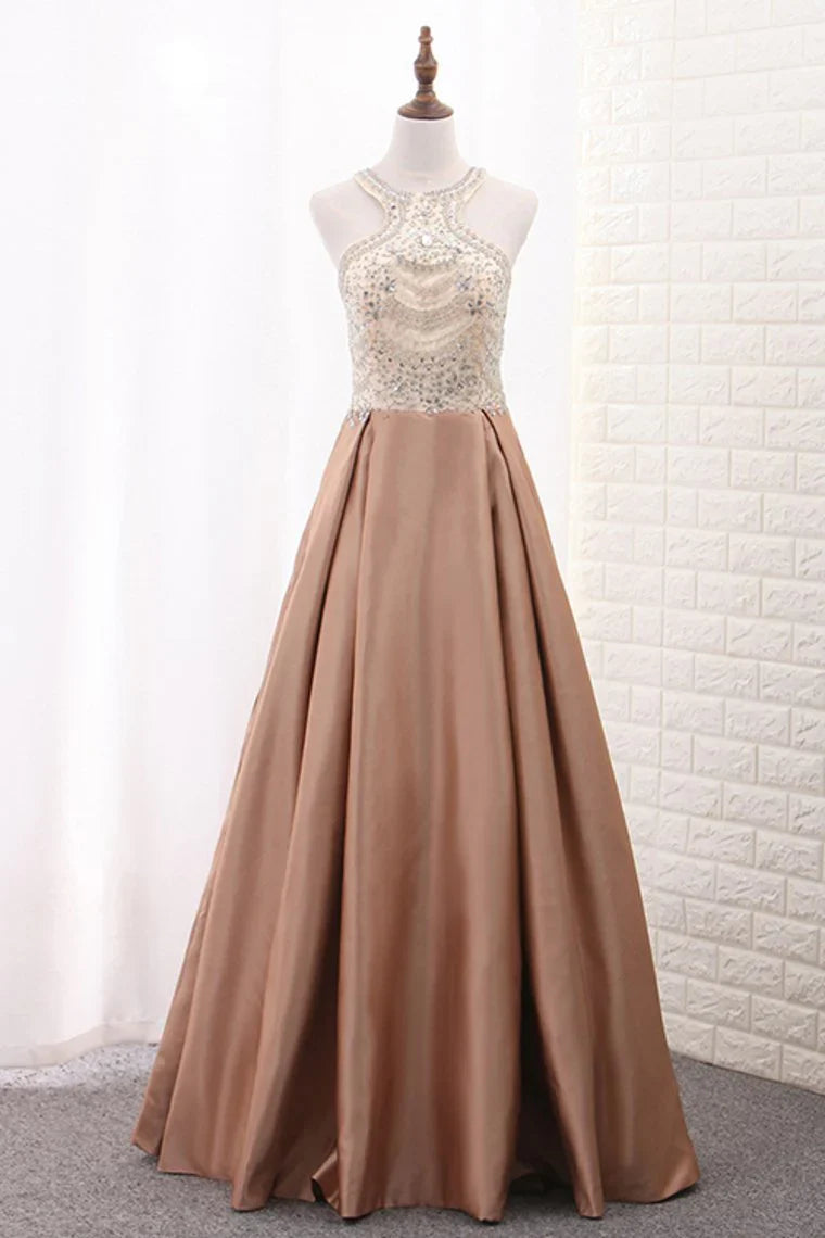 Aimishang A Line Formal Dresses Scoop Satin With Beads Sweep Train