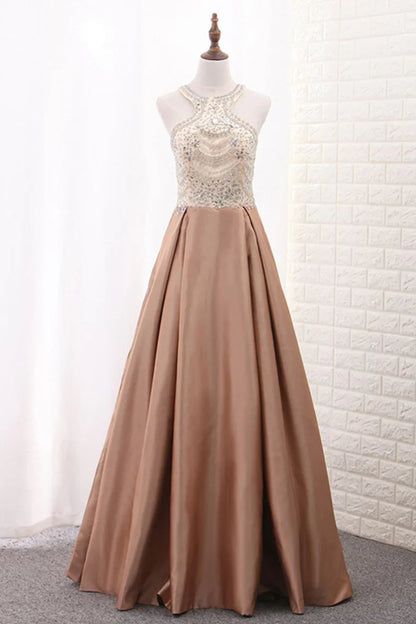 Aimishang A Line Formal Dresses Scoop Satin With Beads Sweep Train