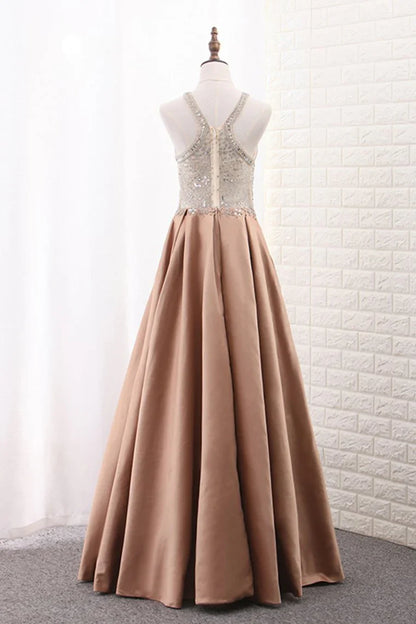 Aimishang A Line Formal Dresses Scoop Satin With Beads Sweep Train