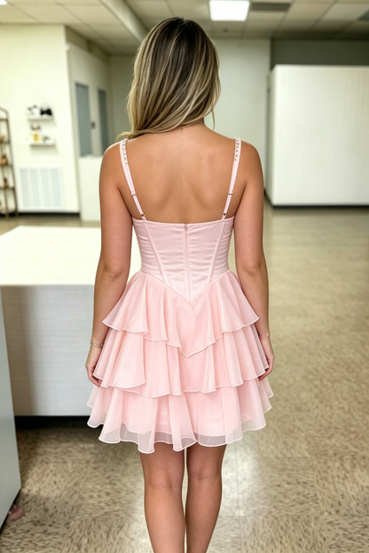 A-Line Square Neck Empire-Waist Ruffles Chiffon Short homecoming Dress