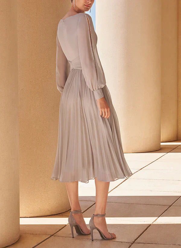 A-line/Princess V-neck long sleeved tea long chiffon mother of the bride dress