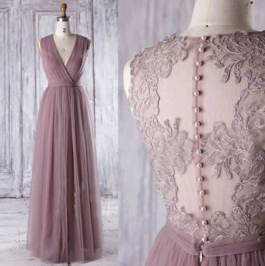 A-line Sleeveless Tulle Sheath V Neck Tulle Lace Bridesmaid Dresses