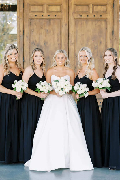 A-line Straps Black V-Neck Long Bridesmaid Dress/Formal Women's Dresses