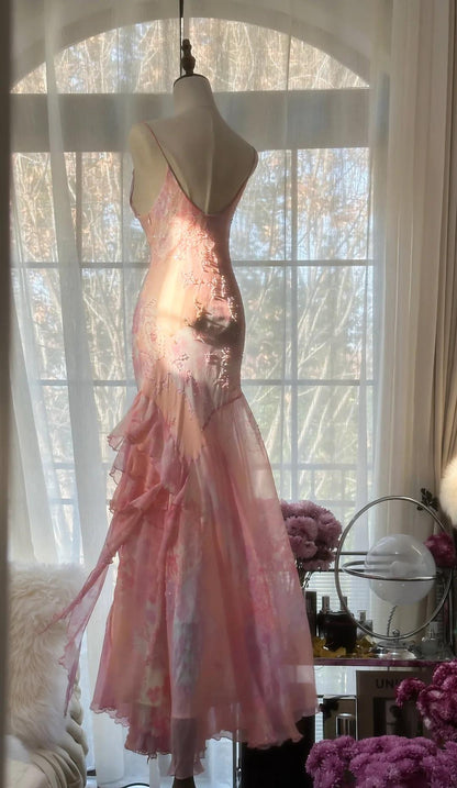 Vintage Pink Floral A-line Spaghetti Strap Irregular Hem Evening Dress Prom Dresses HZ1024