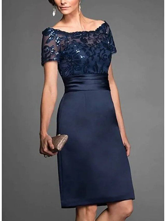 Sheath / Column Mother of the Bride Dress Elegant Off Shoulder Knee Length Chiffon Lace Tulle Short Sleeve with Lace Sequin - RongMoon