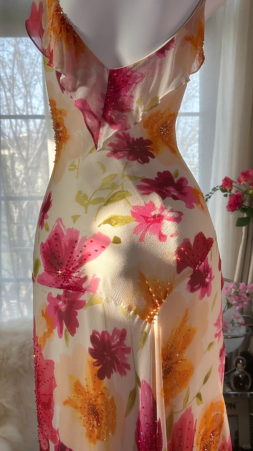 Vintage Floral A-line V-neck Spaghetti Strap Evening Dress Prom Dresses HZ1024