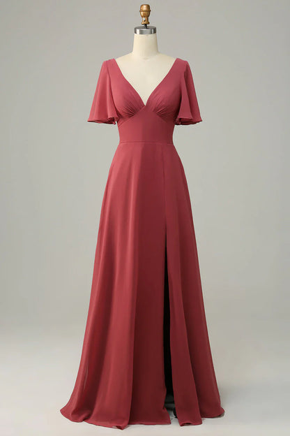 V-neck short sleeved backless bridesmaid dress