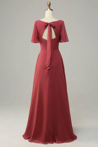 V-neck short sleeved backless bridesmaid dress