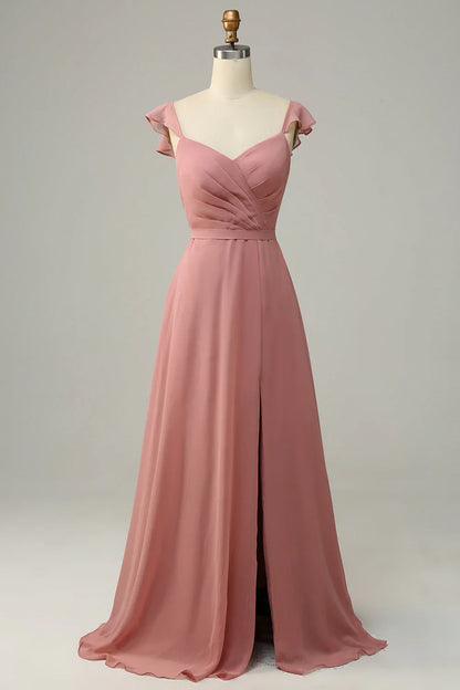 Dusty Rose A-line ruffled slit long bridesmaid dress