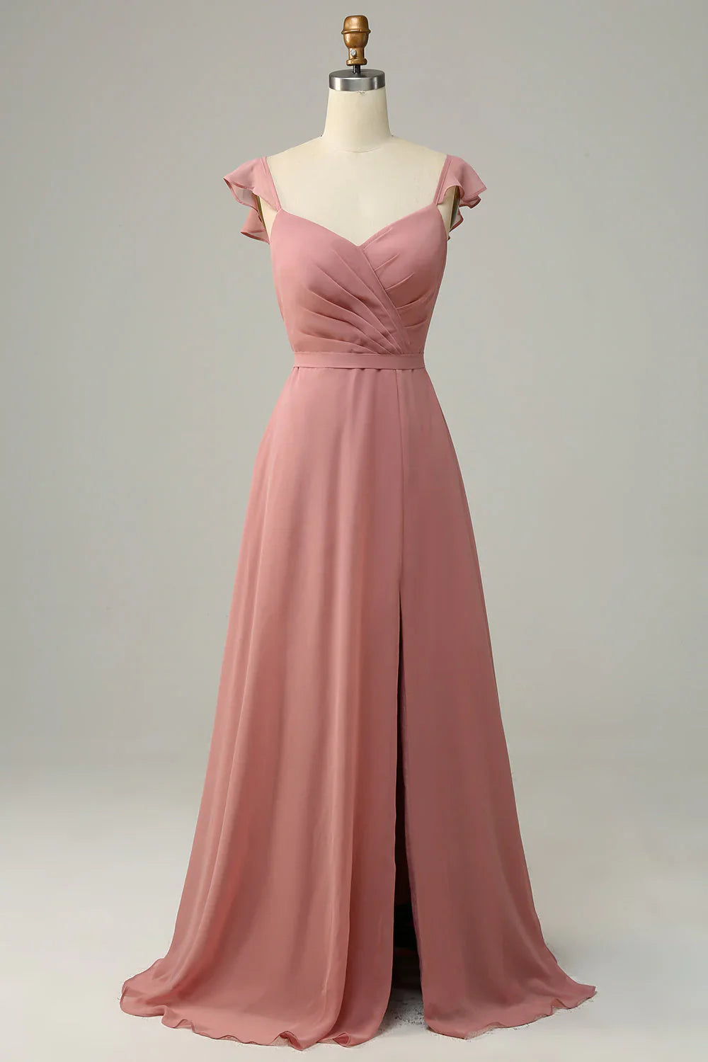Dusty Rose A-line ruffled slit long bridesmaid dress