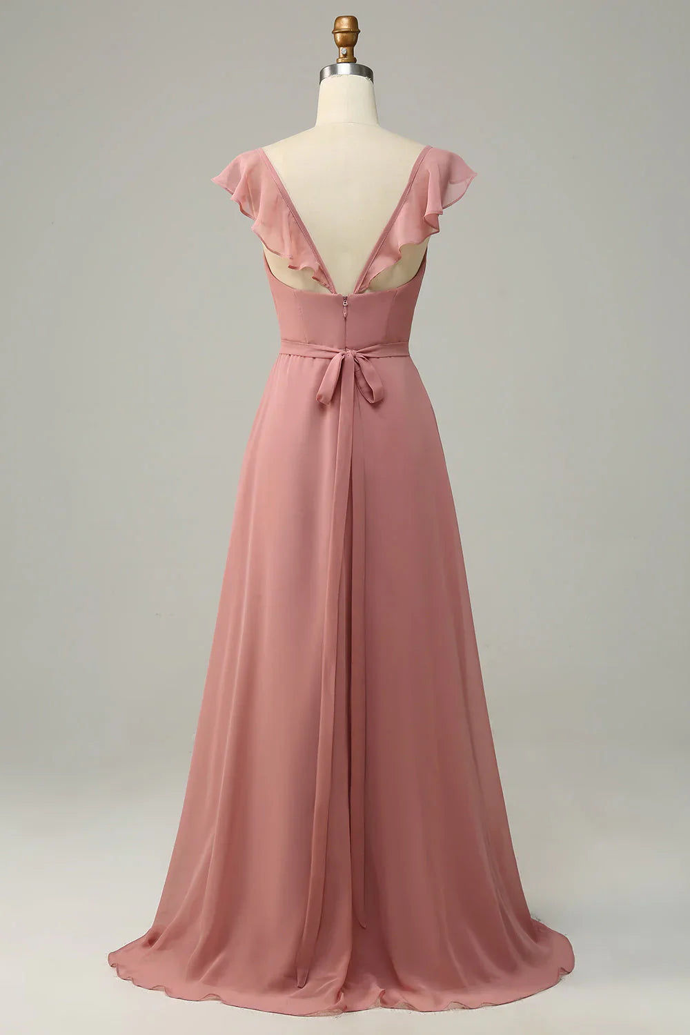 Dusty Rose A-line ruffled slit long bridesmaid dress