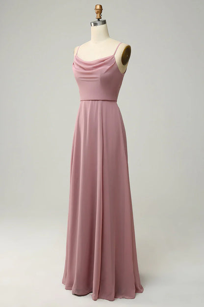 Thin shoulder strap A-line sleeveless long bridesmaid dress