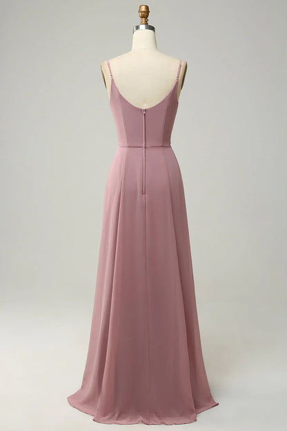 Thin shoulder strap A-line sleeveless long bridesmaid dress