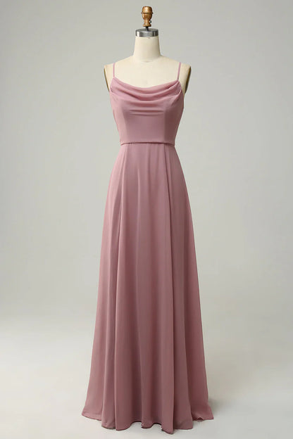 Thin shoulder strap A-line sleeveless long bridesmaid dress