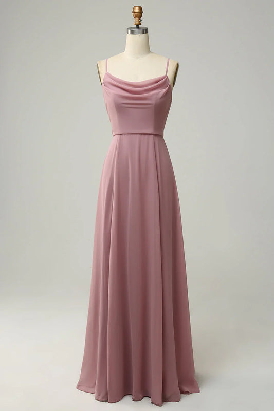 Thin shoulder strap A-line sleeveless long bridesmaid dress