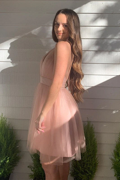 Tulle Short Pink Deep V Neck Backless Homecoming Dress c3237