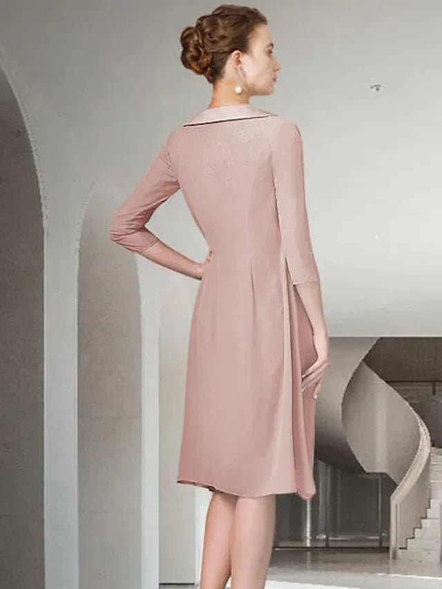Mother of the Bride Dress Elegant Jewel Neck Knee Length Chiffon Lace Half Sleeve with Ruched Appliques