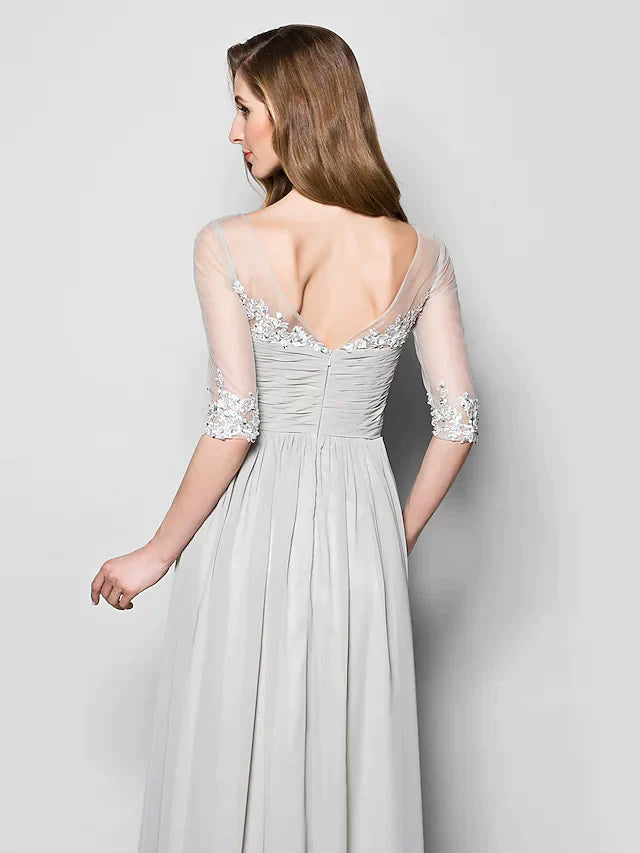 A-Line Mother of the Bride Dress V Neck Floor Length Chiffon Tulle Half Sleeve with Ruched Beading Sequin