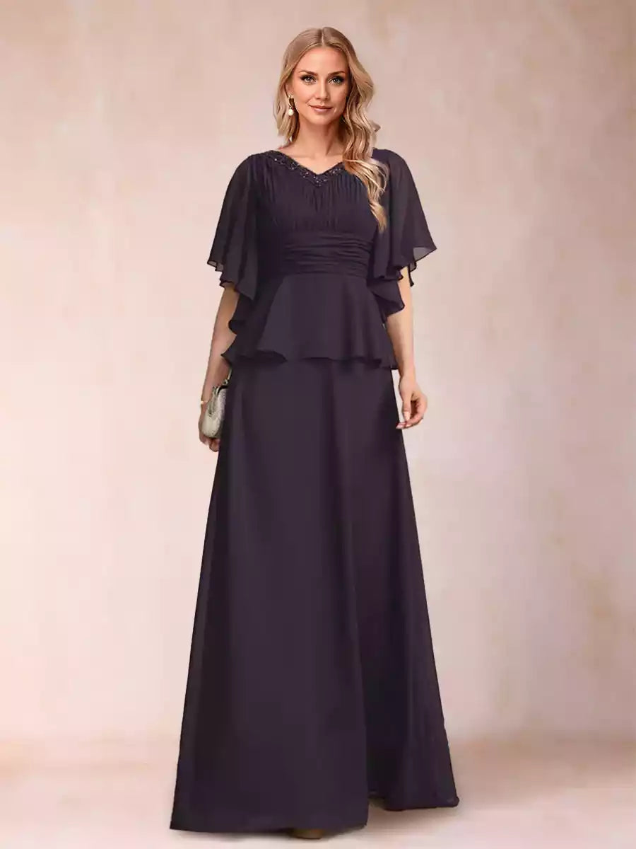 A charming A-line/princess V-neck half cuff bead decoration Mother of the Bride Dresses