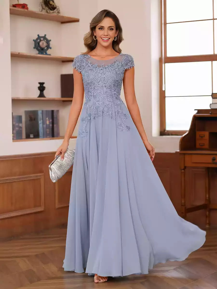 A charming A-line/princess round neck short sleeved chiffon decal Mother of the Bride Dresses