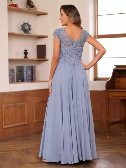 A charming A-line/princess round neck short sleeved chiffon decal Mother of the Bride Dresses