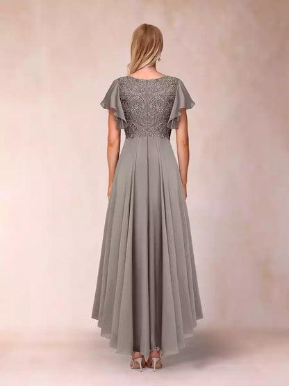 A charming A-line/princess style V-neck short sleeved long decal Mother of the Bride Dresses