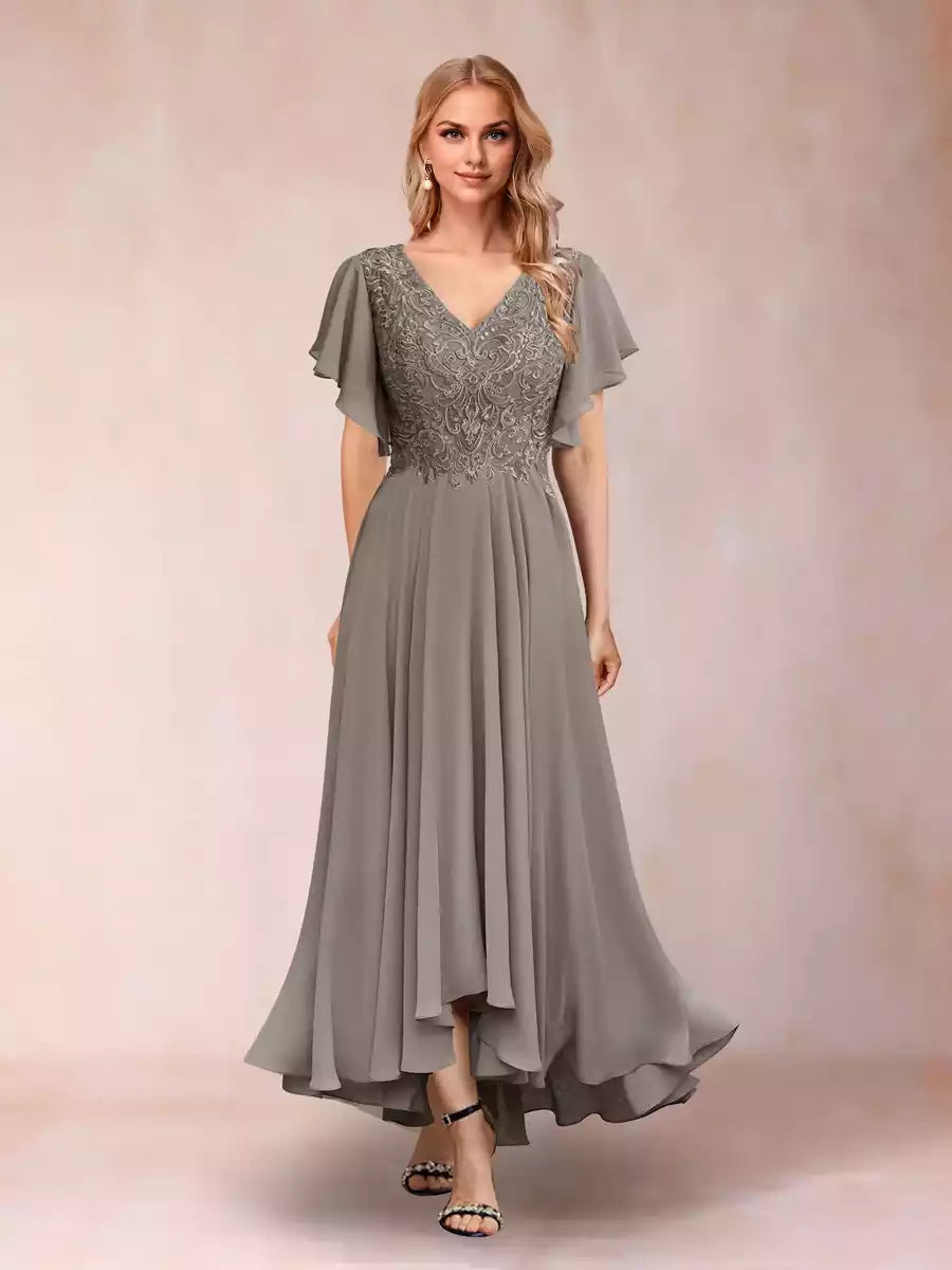 A charming A-line/princess style V-neck short sleeved long decal Mother of the Bride Dresses