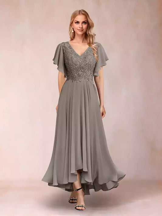 A charming A-line/princess style V-neck short sleeved long decal Mother of the Bride Dresses