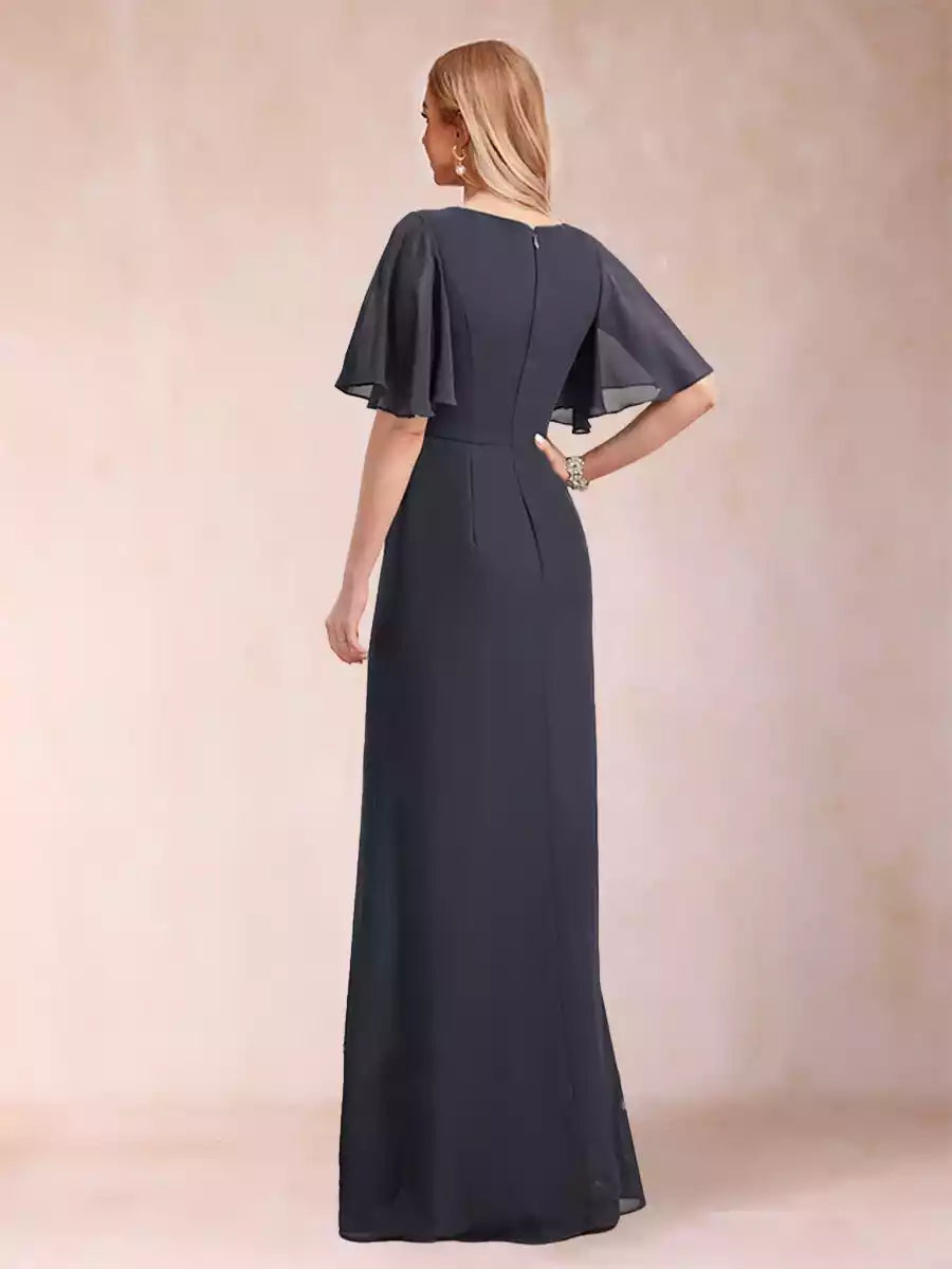A charming A-line/princess style black chiffon with decals and ruffles Mother of the Bride Dresses